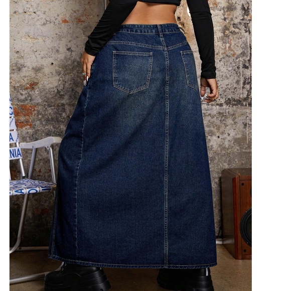 Plus Dark Wash High Waisted Side Tie Denim Jean Maxi Skirt - Picture 4 of 4